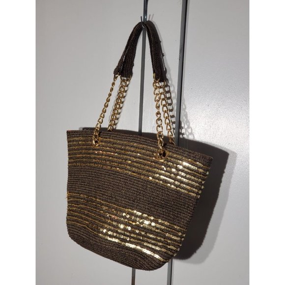 NEW DIRECTIONS BROWN/GOLD  TOTE BAG  *BAG MEASUREMENTS WIDTH 6" LENGTH 15" HEIGH - Picture 3 of 8